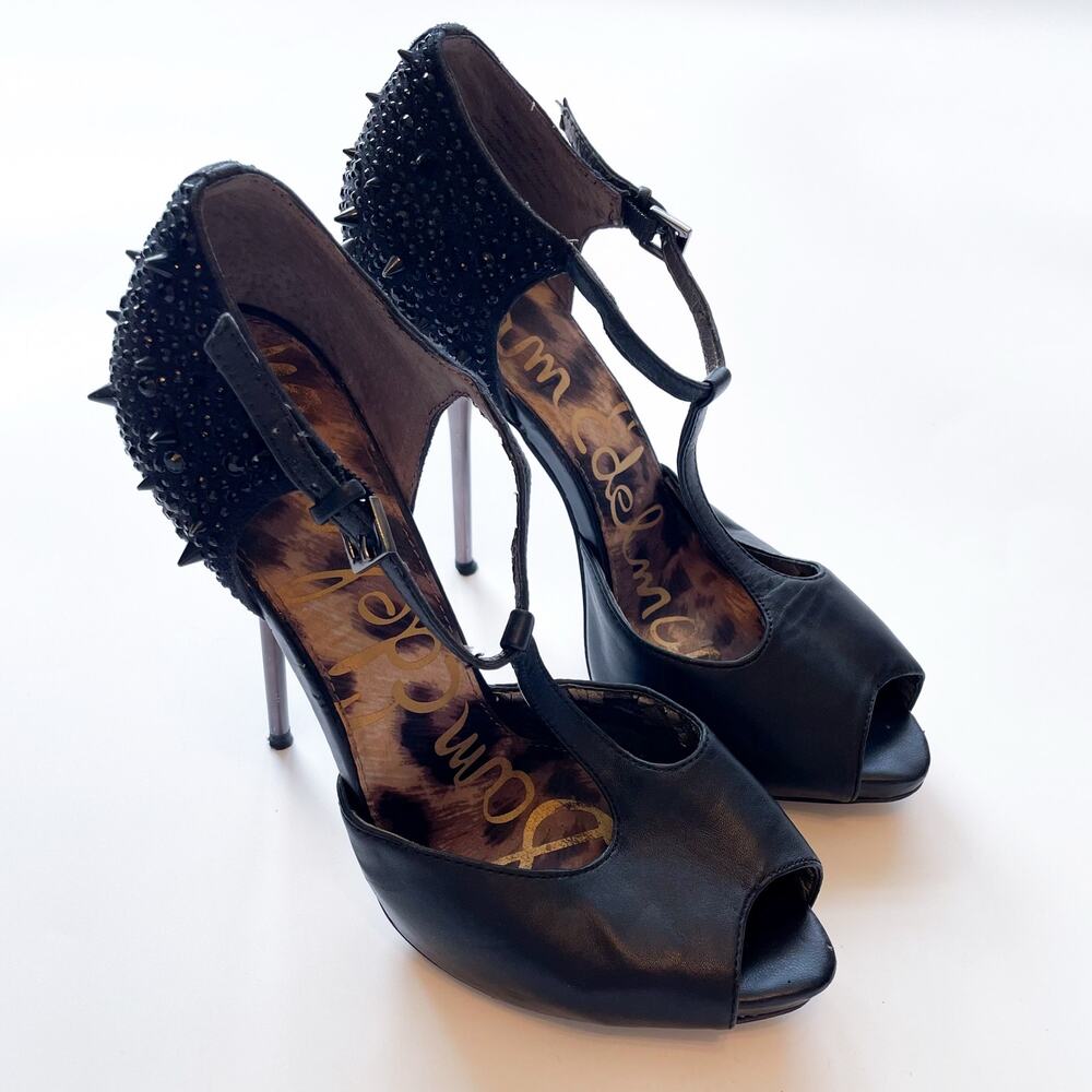 Sam Edelman Scarlett Black T-Strap Leather Pumps with Spikes and Rhinestones 7.5